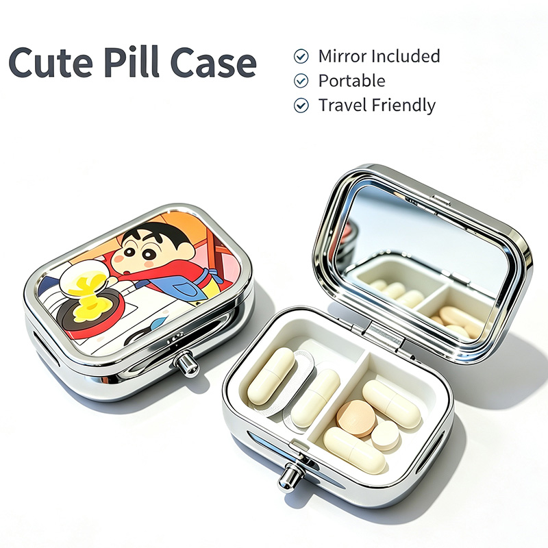 Token Tray Organizer - กล่องเก็บของพกพาลายการ์ตูนเครยอนชินจังพร้อมกระจก, กล่องจัดเก็บยาเม็ดและเครื่องประดับขนาดเล็กสไตล์คาวาอี้, ของขวัญสร้างสรรค์สำหรับแฟนคลับ