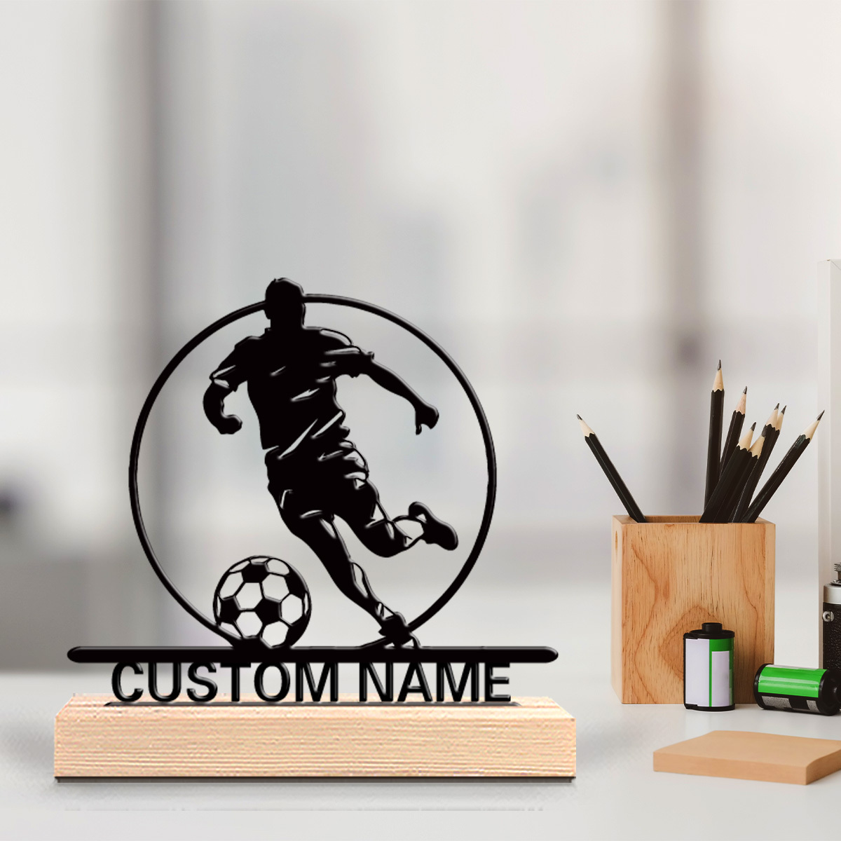 Board Game Football - รูปปั้นนักฟุตบอลโลหะสั่งทำพร้อมชื่อ ฐานไม้ตกแต่งโต๊ะ ของขวัญสำหรับแฟนฟุตบอล ของขวัญวันเกิด/วันหยุด/ตกแต่งบ้าน/สำนักงาน