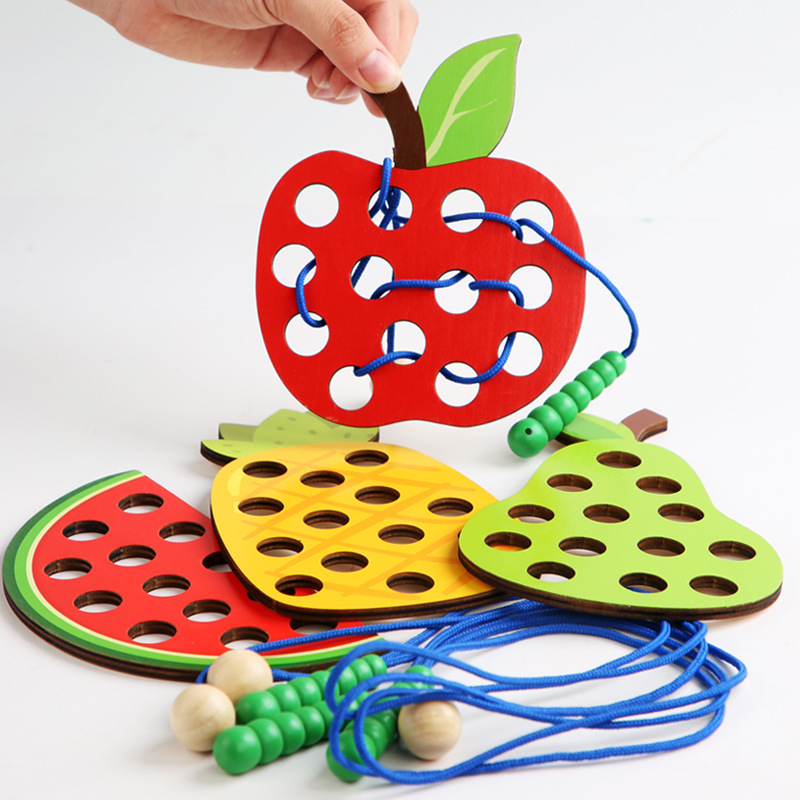 Board Game Fun - 1 ชุดเด็กสนุก Montessori ผลไม้ Threading ของเล่นประสานมือการฝึกอบรมการสอน